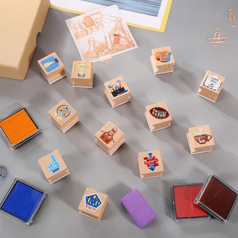 HOWAF Father’s Day Stamps Crafts, 12 Wooden Stamps Ink Pads Set Fathers Day Party DIY Painting I Love Dad Craft Gifts Activities, Best Dad Ever Rubber Stamper, Dad’s Day Tie Inking Stamp in Kuwait