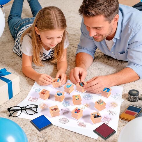 HOWAF Father’s Day Stamps Crafts, 12 Wooden Stamps Ink Pads Set Fathers Day Party DIY Painting I Love Dad Craft Gifts Activities, Best Dad Ever Rubber Stamper, Dad’s Day Tie Inking Stamp in Kuwait