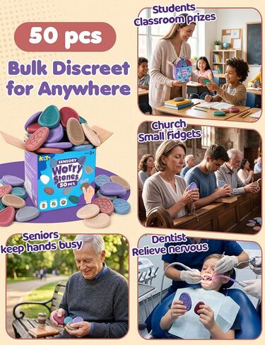 KLT Fidget Toys Bulk for Adults: 50 Pack Texture Worry Stone - Bulk Fidgets for Student Classroom Prizes - Quiet Stress Toys for Autism Calming - Goodie Bags Stuffers for Gifts Office in Kuwait