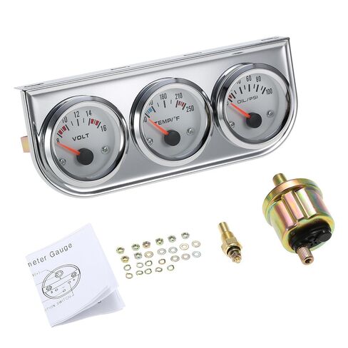 Triple Gauge Kit Kit, 52mm 3 in 1 12V Gauge, Oil Pressure Water Temperature Voltmeter LED Backlit Chrome Bezel with White Fahrenheit Dial for Car Motorster (1) in Kuwait