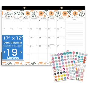 2026-2027 Desk Calendar - 19 Month Desk Calendar 2026-2027, Jun 2026 - Dec 2027, 17" x 12", Large Monthly Desktop Calendar with Daily Blocks, Thick Paper, Corner Protectors - Floral (2 Stickers Included) in Kuwait