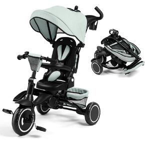 Kinder King Kids Trike Tricycle for Toddlers 1-3, 8 in 1 Folding Toddler Tricycle Bike w/1-Step Brake, Adjustable Push Handle, Rotatable Seat, Adjustable Canopy, Bell, 5-Point Harness, Storage, Green in Saudi Arabia