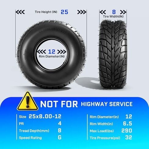25x8-12 ATV/UTV Tires Set of 2, 25x8x12 Heavy Duty All-Terrain Mud & Trail Tires, 4PR Tubeless, Directional Tread in Kuwait