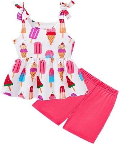 zarmfly Toddler Girls Clothes Summer Short Set Outfit Tie Knot Shoulder Sleeveless Ruffle Tops and Shorts 2PC Clothing Set in Saudi Arabia