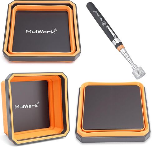 Mulwark 4Pcs Collapsible Magnetic Tray with 15Lb Magnetic Pickup Tool, 3 Sizes Silicone Magnetic Parts Tray for Organizing Screw Bolts Nuts Washers Pins Repair Tools Workshop in Kuwait
