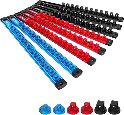 8PC Magnetic Socket Organizer Set, for 1/2″ 3/8″ 1/4″ Drive with 3 Black 3 Red 2 Blue Trays, 360° Swivel Removable Clips, Heavy Duty Aluminum Alloy Rail for Tool Box Drawer in Kuwait