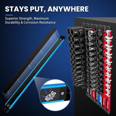 8PC Magnetic Socket Organizer Set, for 1/2″ 3/8″ 1/4″ Drive with 3 Black 3 Red 2 Blue Trays, 360° Swivel Removable Clips, Heavy Duty Aluminum Alloy Rail for Tool Box Drawer in Kuwait