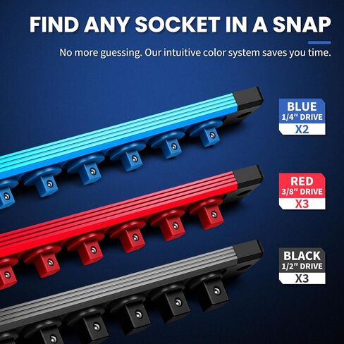 8PC Magnetic Socket Organizer Set, for 1/2″ 3/8″ 1/4″ Drive with 3 Black 3 Red 2 Blue Trays, 360° Swivel Removable Clips, Heavy Duty Aluminum Alloy Rail for Tool Box Drawer in Kuwait
