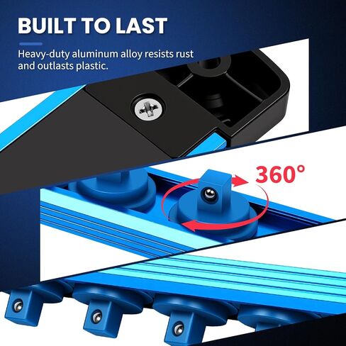 8PC Magnetic Socket Organizer Set, for 1/2″ 3/8″ 1/4″ Drive with 3 Black 3 Red 2 Blue Trays, 360° Swivel Removable Clips, Heavy Duty Aluminum Alloy Rail for Tool Box Drawer in Kuwait