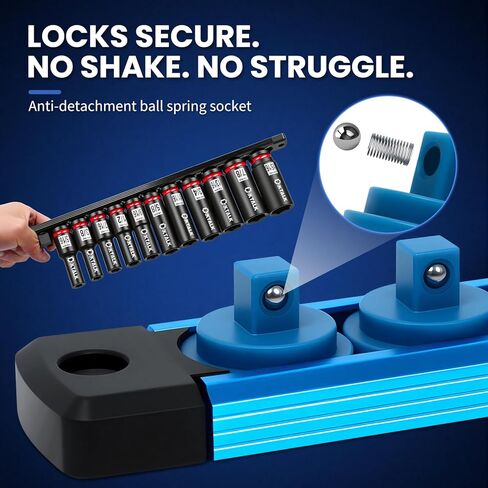 8PC Magnetic Socket Organizer Set, for 1/2″ 3/8″ 1/4″ Drive with 3 Black 3 Red 2 Blue Trays, 360° Swivel Removable Clips, Heavy Duty Aluminum Alloy Rail for Tool Box Drawer in Kuwait