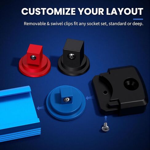 8PC Magnetic Socket Organizer Set, for 1/2″ 3/8″ 1/4″ Drive with 3 Black 3 Red 2 Blue Trays, 360° Swivel Removable Clips, Heavy Duty Aluminum Alloy Rail for Tool Box Drawer in Kuwait