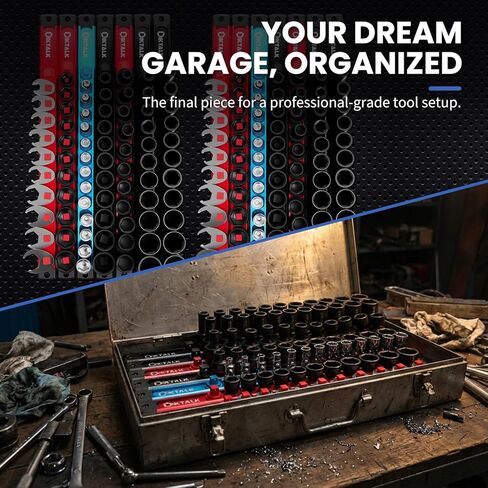 8PC Magnetic Socket Organizer Set, for 1/2″ 3/8″ 1/4″ Drive with 3 Black 3 Red 2 Blue Trays, 360° Swivel Removable Clips, Heavy Duty Aluminum Alloy Rail for Tool Box Drawer in Kuwait