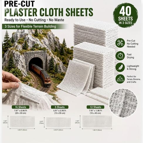 Pre-Cut Plaster Cloth Sheets 40 Pack for Model Terrain Building, Diorama Scenery Railroad Layouts, for Mountains, Tunnels, Miniature Landscapes 3D Scene Modeling(5.91'', 7.87", 7.87" Width) in Kuwait