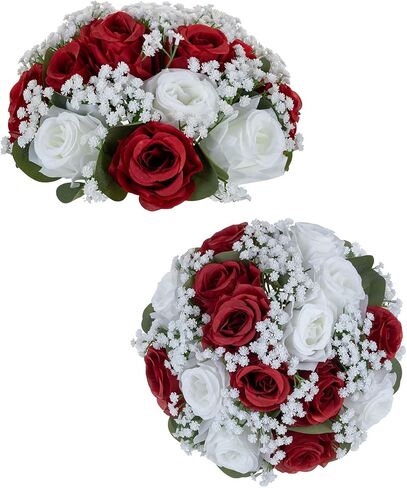 BLOSMON Fake Flowers Ball Wedding Centerpieces 10 Pcs White Rose Babys Breath Artificial Flowers Center Pieces Decoration for Table Silk Kissing Floral Bouquet Arrangements for Home Party DIY Decor in Saudi Arabia