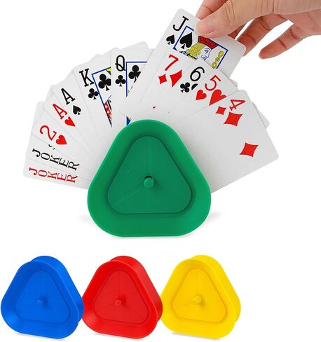 ZUFECY 4-Pack حامل بطاقات مثلثة، حاملات ABS صغيرة خفيفة الوزن للأطفال وكبار السن، 4 ألوان مع تصميم زر ضغط لحفلات البوكر، وألعاب البطاقات المدرسية والعائلية in Kuwait