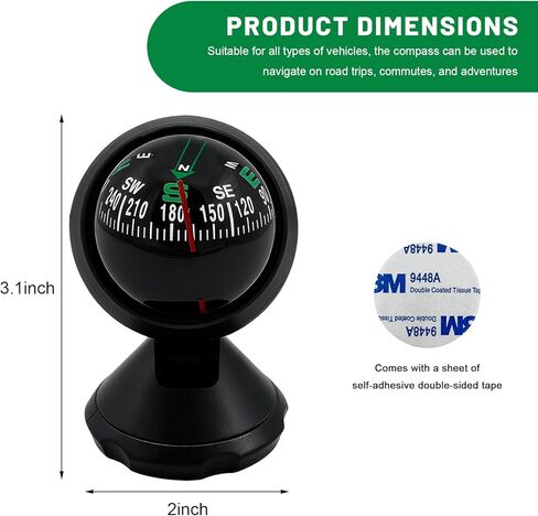 Car Compass, Adjustable Dashboard Compass Accurate Navigation Ball with Bottom Stick, Portable Hiking Direction Pointing Guide Ball Interior Accessories for Car Truck Boat in Kuwait
