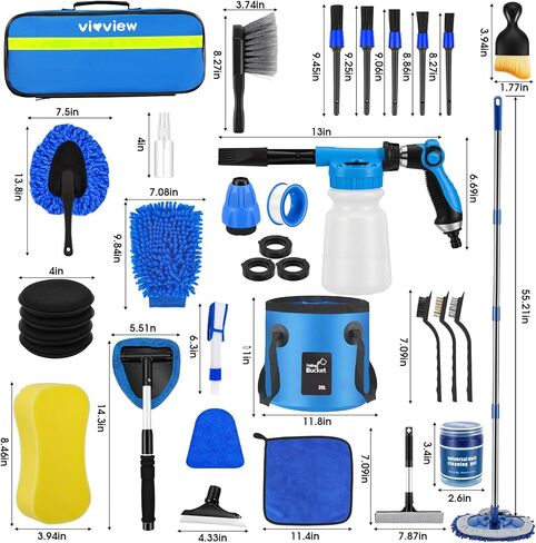 36Pcs Blue Car Wash Detailing Kit，Car Cleaning Set with Foam Gun Sprayer，Long-Handle Brush Mop，Large Collapsible Bucket，Complete Car Wash Supply Gift for Men and Women in Kuwait