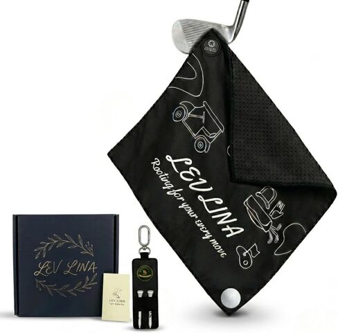 Magnetic Golf Towel for Men (Dual-Sided Microfiber Suede + Waffle) - Gift Set Towels for Bags with PU Leather Holder, Strong N52 Magnet (Black) in Saudi Arabia