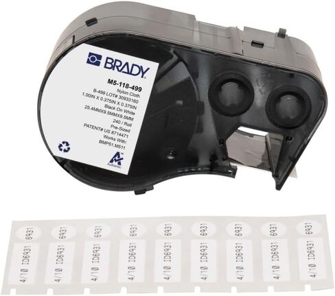 Brady Authentic (M5-118-499) ملصق نايلون متعدد الأغراض لاصق قوي بقطر 0.375 × 1 × 0.375 بوصة أسود على أبيض، 240 ملصقًا. للاستخدام مع طابعات الملصقات BMP51 وM511 in Saudi Arabia