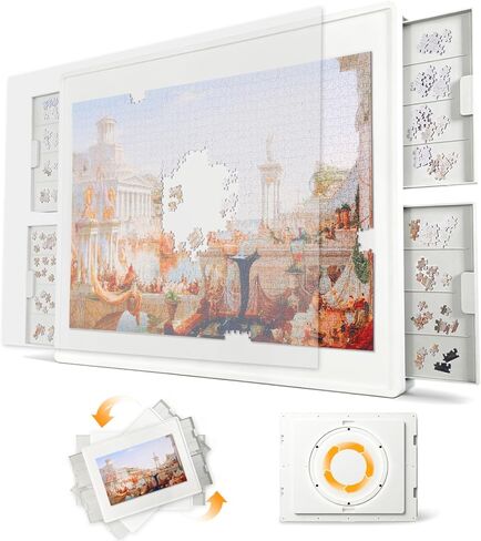1500 Pieces Rotating Plastic Puzzle Board with Drawers and Cover, 35"x27" Portable Jigsaw Puzzle Table, Durable & Waterproof, Ideal Gift for Puzzle Lovers in Kuwait