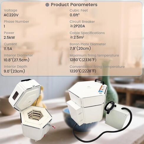 Electric Ceramic Kiln, 1280℃ High Temperature, 2.5KW 220V 1PH, 0.6ft³ 27.5cm Interior Hexagonal Pottery Furnace for Home Studio Classroom Glaze Sintering in Kuwait