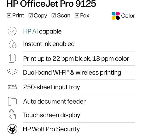 HP OfficeJet Pro 9125 Wireless All-in-One Color Inkjet Printer, Print, Scan, Copy, Fax, ADF, Duplex Print/scan, Best-for-Office, 3 Month Trial of Instant Ink Included, AI-Capable (C2VZ0A) in Kuwait