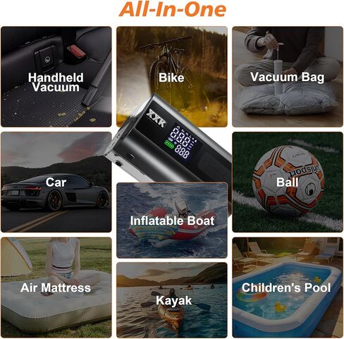 Tire Inflator Portable Air Compressor,2000A Battery Car Jump Starter, Auto Shut-Off,160PSI Air Pump with Tire Gauge Pressure&LED Light,15000PA Vacuum with Suction &Blow, for Cars, Motorcycles, Balls in Kuwait