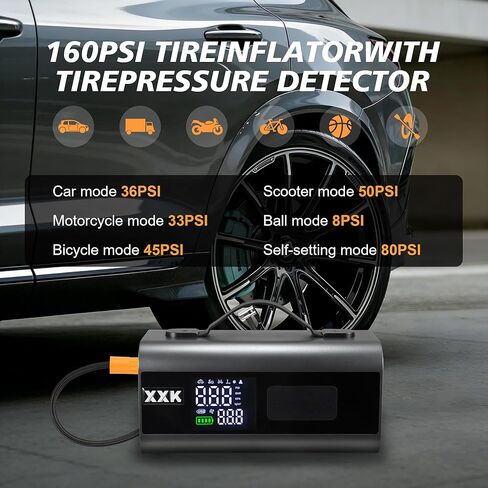 Tire Inflator Portable Air Compressor,2000A Battery Car Jump Starter, Auto Shut-Off,160PSI Air Pump with Tire Gauge Pressure&LED Light,15000PA Vacuum with Suction &Blow, for Cars, Motorcycles, Balls in Kuwait