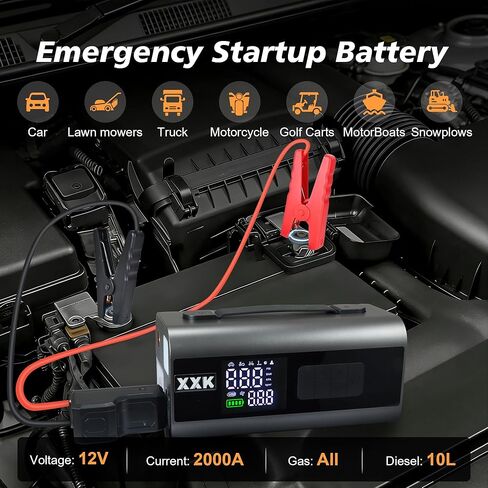 Tire Inflator Portable Air Compressor,2000A Battery Car Jump Starter, Auto Shut-Off,160PSI Air Pump with Tire Gauge Pressure&LED Light,15000PA Vacuum with Suction &Blow, for Cars, Motorcycles, Balls in Kuwait