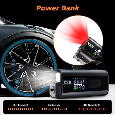 Tire Inflator Portable Air Compressor,2000A Battery Car Jump Starter, Auto Shut-Off,160PSI Air Pump with Tire Gauge Pressure&LED Light,15000PA Vacuum with Suction &Blow, for Cars, Motorcycles, Balls in Kuwait