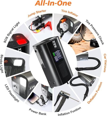 Tire Inflator Portable Air Compressor,2000A Battery Car Jump Starter, Auto Shut-Off,160PSI Air Pump with Tire Gauge Pressure&LED Light,15000PA Vacuum with Suction &Blow, for Cars, Motorcycles, Balls in Kuwait