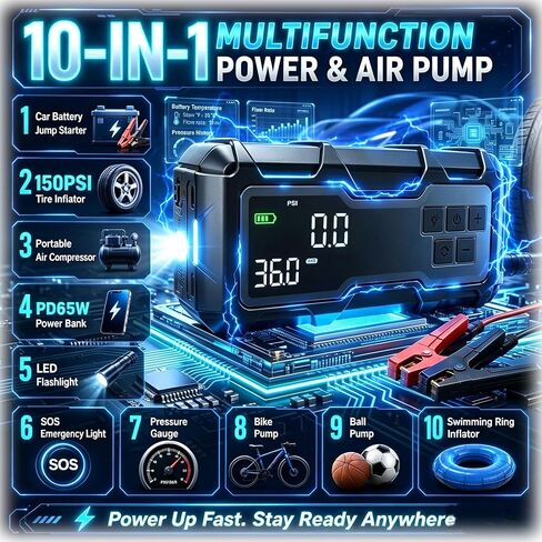 Portable Jump Starter with Air Compressor 9000A Car 10-in-1 Battery Tire Inflator Combo 150PSI PD65W Power Bank Emergency User gift for vehicle owner in Kuwait