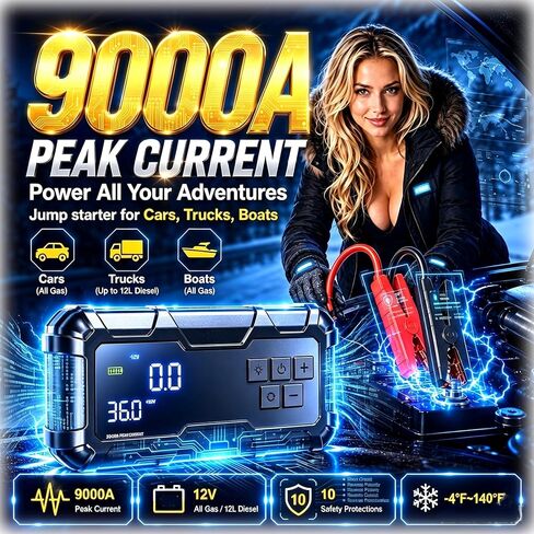 Portable Jump Starter with Air Compressor 9000A Car 10-in-1 Battery Tire Inflator Combo 150PSI PD65W Power Bank Emergency User gift for vehicle owner in Kuwait