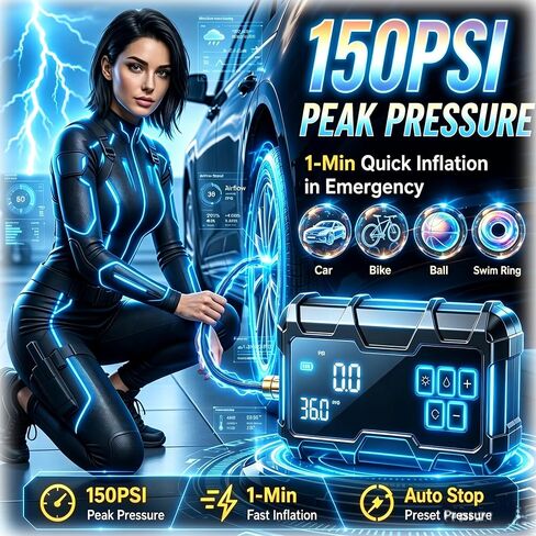 Portable Jump Starter with Air Compressor 9000A Car 10-in-1 Battery Tire Inflator Combo 150PSI PD65W Power Bank Emergency User gift for vehicle owner in Kuwait