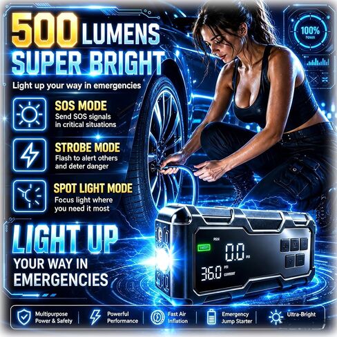 Portable Jump Starter with Air Compressor 9000A Car 10-in-1 Battery Tire Inflator Combo 150PSI PD65W Power Bank Emergency User gift for vehicle owner in Kuwait