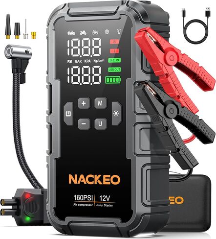 8000A Car Battery Jump Starter with Air Compressor 160PSI, Car Jumper Starter Portable (All Gas 12L Diesel), 12V Jump Box Car Battery with 600LM Light, Jumper Cables, Large LCD Display, Power Bank in Kuwait