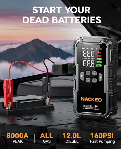 8000A Car Battery Jump Starter with Air Compressor 160PSI, Car Jumper Starter Portable (All Gas 12L Diesel), 12V Jump Box Car Battery with 600LM Light, Jumper Cables, Large LCD Display, Power Bank in Kuwait