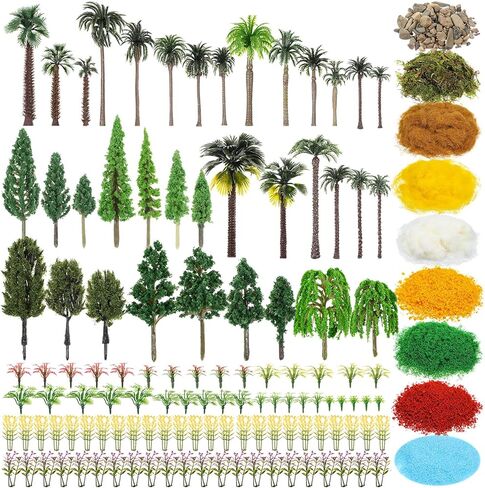 Sureio 130 Pcs Diorama Supplies Kit Include 121 Miniature Trees 1.2-7.48 Inch Mini Mixed Model Plastic Fake Architecture 9 Bags Scenery Basing Material Kit for Model Train Railroad Scenery DIY Craft in Kuwait