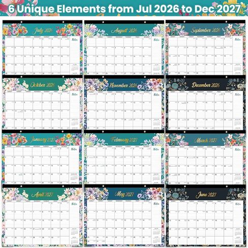 التقويم المكتبي 2026-2027 - يوليو 2026 - ديسمبر. 2027، 17 بوصة × 12 بوصة، تقويم مكتبي كبير، تقويم شهري لسطح المكتب/الحائط لمدة 18 شهرًا للمدرسة المنزلية أو المكتب - نمط الأزهار in Kuwait