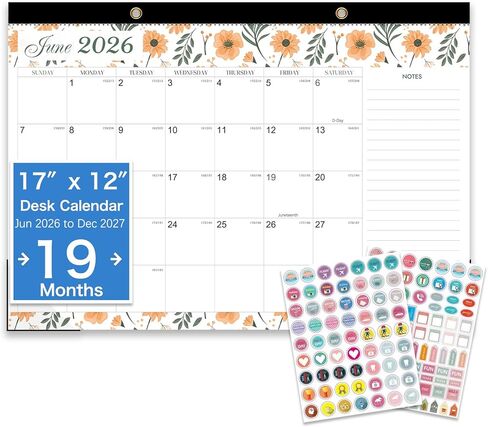 2026-2027 Desk Calendar - 19 Month Desk Calendar 2026-2027, Jun 2026 - Dec 2027, 17" x 12", Large Monthly Desktop Calendar with Daily Blocks, Thick Paper, Corner Protectors - Floral (2 Stickers Included) in Kuwait