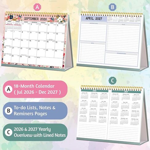 Desk Calendar 2026-2027 - Standing Flip Desktop Calendar 2026-2027, 18 Months(July 2026 - December 2027), 10" x 8", Large with Notes, To-dos, Yearly Overview, Thick Paper, Great for Easy Planning in Kuwait
