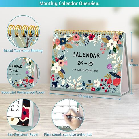 Desk Calendar 2026-2027 - Standing Flip Desktop Calendar 2026-2027, 18 Months(July 2026 - December 2027), 10" x 8", Large with Notes, To-dos, Yearly Overview, Thick Paper, Great for Easy Planning in Kuwait