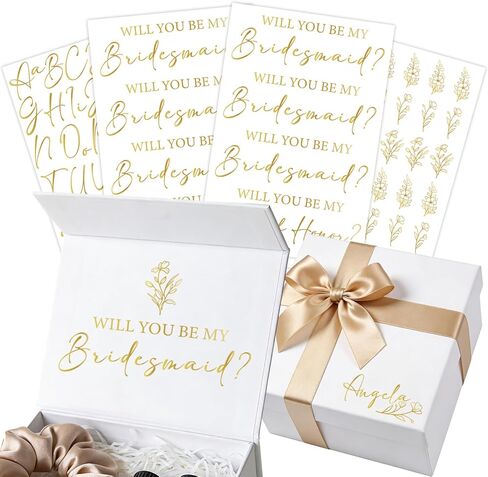 Whaline 10 Pcs Will You Be My Bridesmaid Transfer Stickers Gold Vinyl Maid of Honor Flower Proposal Decals Custom Name Bridesmaids Box Transfer for Bridal Shower Wedding Bachelorette Party in Kuwait