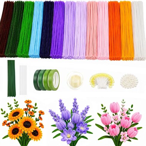 800PCS Pipe Cleaner Flower Kit, DIY Pipe Cleaners Craft Bouquet Making Kit with Floral Wires & Tape, DIY Chenille Stems Craft Supplies with Wrapping Paper & Ribbon for Home Decor in Kuwait