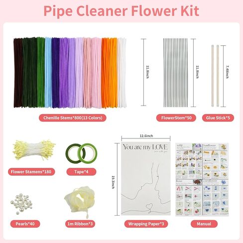 800PCS Pipe Cleaner Flower Kit, DIY Pipe Cleaners Craft Bouquet Making Kit with Floral Wires & Tape, DIY Chenille Stems Craft Supplies with Wrapping Paper & Ribbon for Home Decor in Kuwait