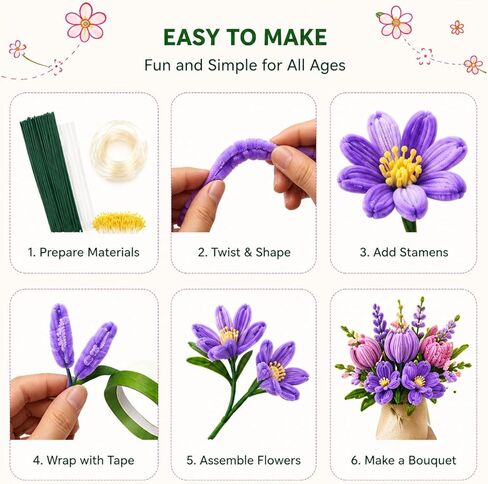 800PCS Pipe Cleaner Flower Kit, DIY Pipe Cleaners Craft Bouquet Making Kit with Floral Wires & Tape, DIY Chenille Stems Craft Supplies with Wrapping Paper & Ribbon for Home Decor in Kuwait