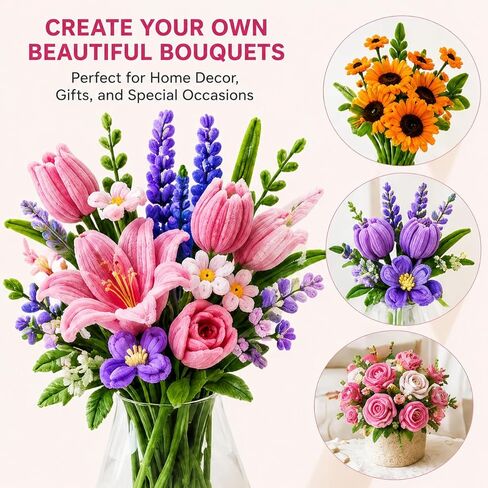 800PCS Pipe Cleaner Flower Kit, DIY Pipe Cleaners Craft Bouquet Making Kit with Floral Wires & Tape, DIY Chenille Stems Craft Supplies with Wrapping Paper & Ribbon for Home Decor in Kuwait