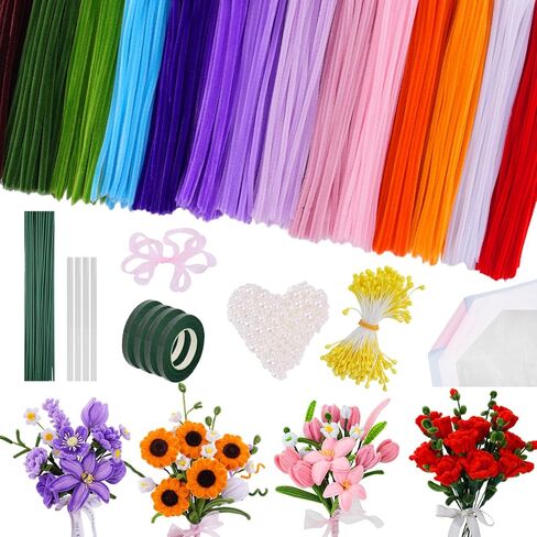 900 PCS Pipe Cleaners Craft, Pipe Cleaner Bulk Flower Kit 14 Colors Chenille Stems Flower Making Kit with Greeting Card, Floral Wires, Tape, Stamen, Floral Wrapping Paper & Ribbon for Art DIY Flowers in Kuwait