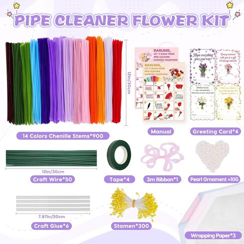 900 PCS Pipe Cleaners Craft, Pipe Cleaner Bulk Flower Kit 14 Colors Chenille Stems Flower Making Kit with Greeting Card, Floral Wires, Tape, Stamen, Floral Wrapping Paper & Ribbon for Art DIY Flowers in Kuwait