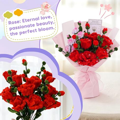 900 PCS Pipe Cleaners Craft, Pipe Cleaner Bulk Flower Kit 14 Colors Chenille Stems Flower Making Kit with Greeting Card, Floral Wires, Tape, Stamen, Floral Wrapping Paper & Ribbon for Art DIY Flowers in Kuwait